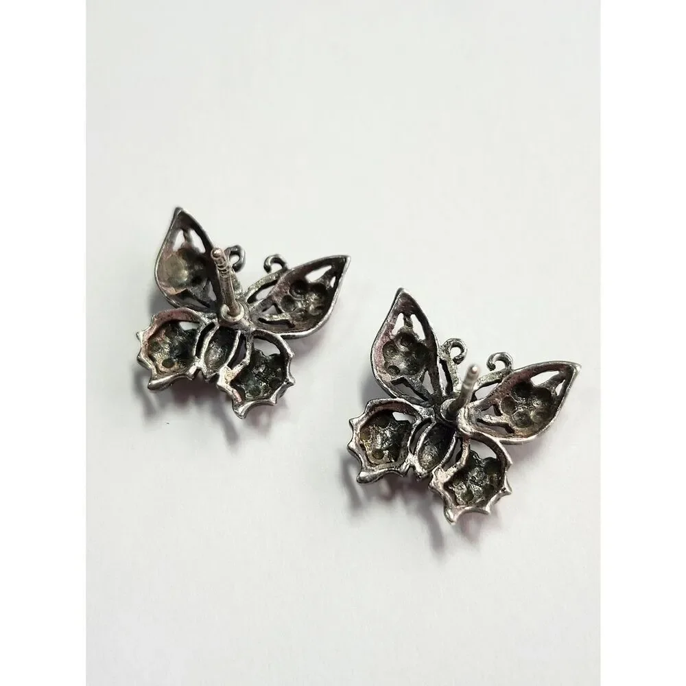 Vintage Sterling Silver Crystal Rhinestone Butterfly Earrings 925